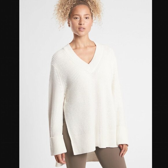 Athleta Ivory Shasta Ribbed Chunky Sweater Wool Blend Oversized Sz L - Picture 1 of 12